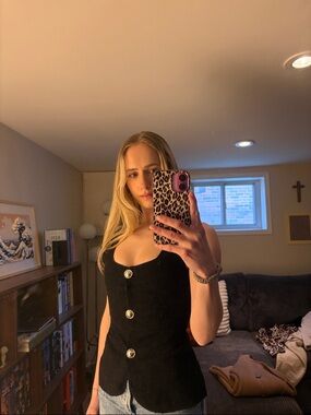 Divided Black Knit Tank Top with Decorative Buttons